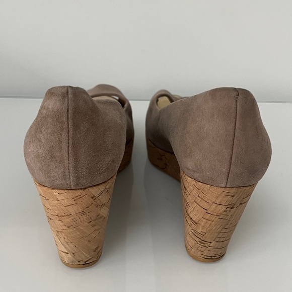Stuart Weitzman Anna Peep Toe Suede Cork Wedge Heels in Beige Tan 8 - Picture 5 of 10